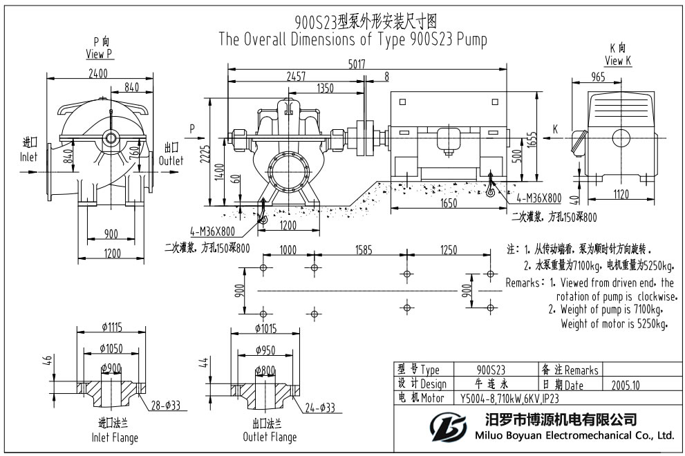 900S23型水平中开蜗壳式单级双吸离心泵外形安装尺寸图