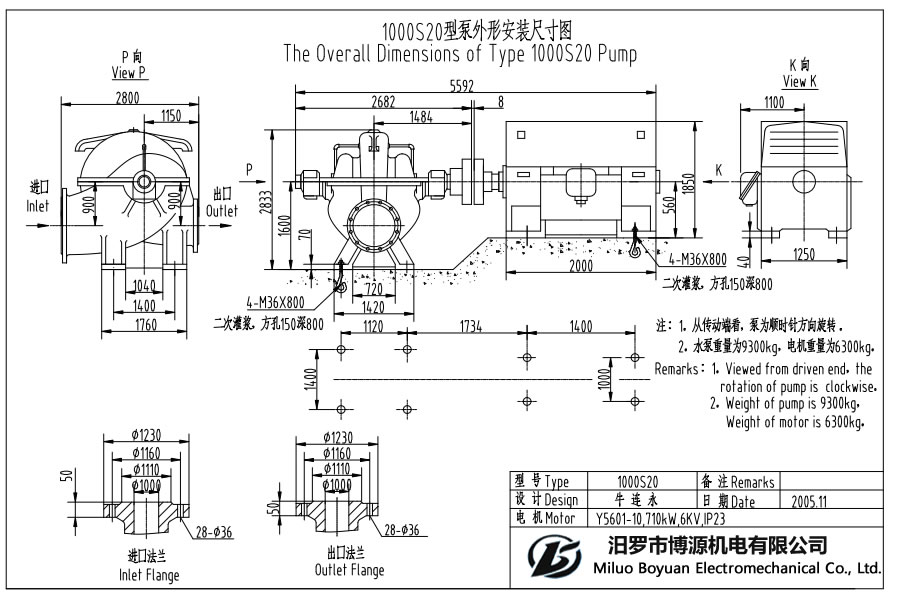 1000S20型水平中开蜗壳式单级双吸离心泵外形安装尺寸图