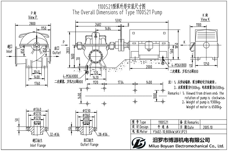 1100S21型水平中开蜗壳式单级双吸离心泵外形安装尺寸图