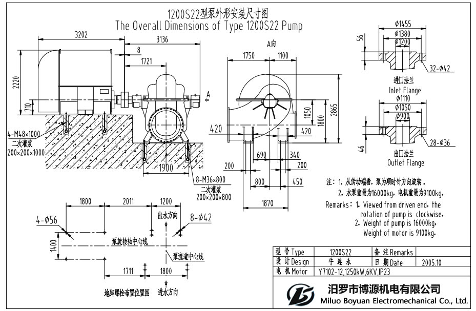 1200S22型水平中开蜗壳式单级双吸离心泵外形安装尺寸图